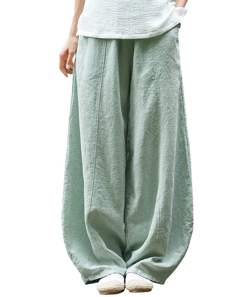 IXIMO Women's Casual Cotton Linen Baggy Pants with Elastic Waist Relax Fit Lantern Trousers Green L - Image 1